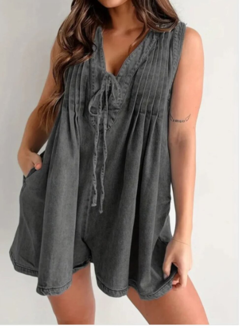Veveret Sleeveless V-Neck Pleated Denim Romper in Washed Charcoal Girlhood 3XL